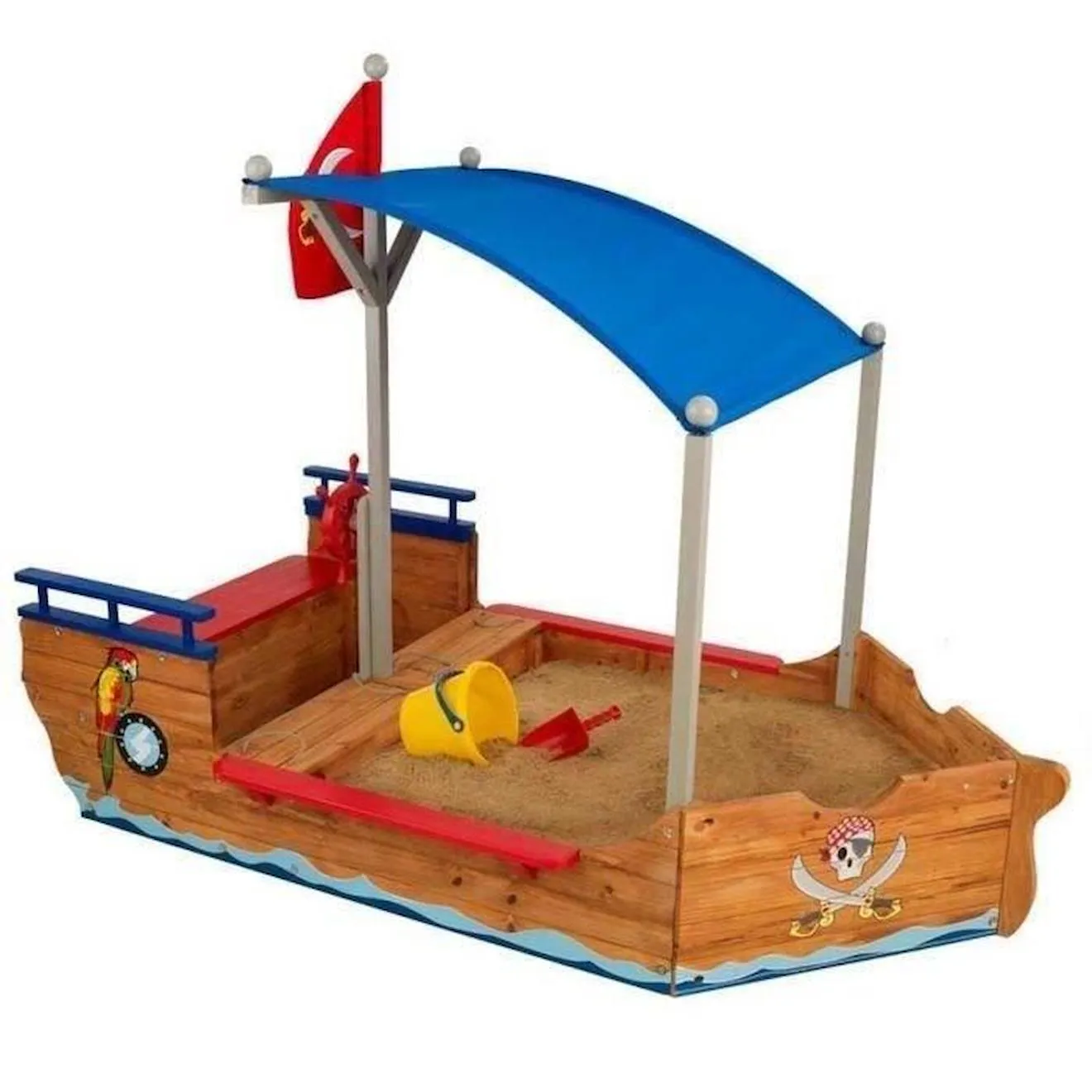 Bac à sable en bois Bateau de pirate KIDKRAFT - Avec auvent, rangements et drapeau de pirate marron - Kidkraft