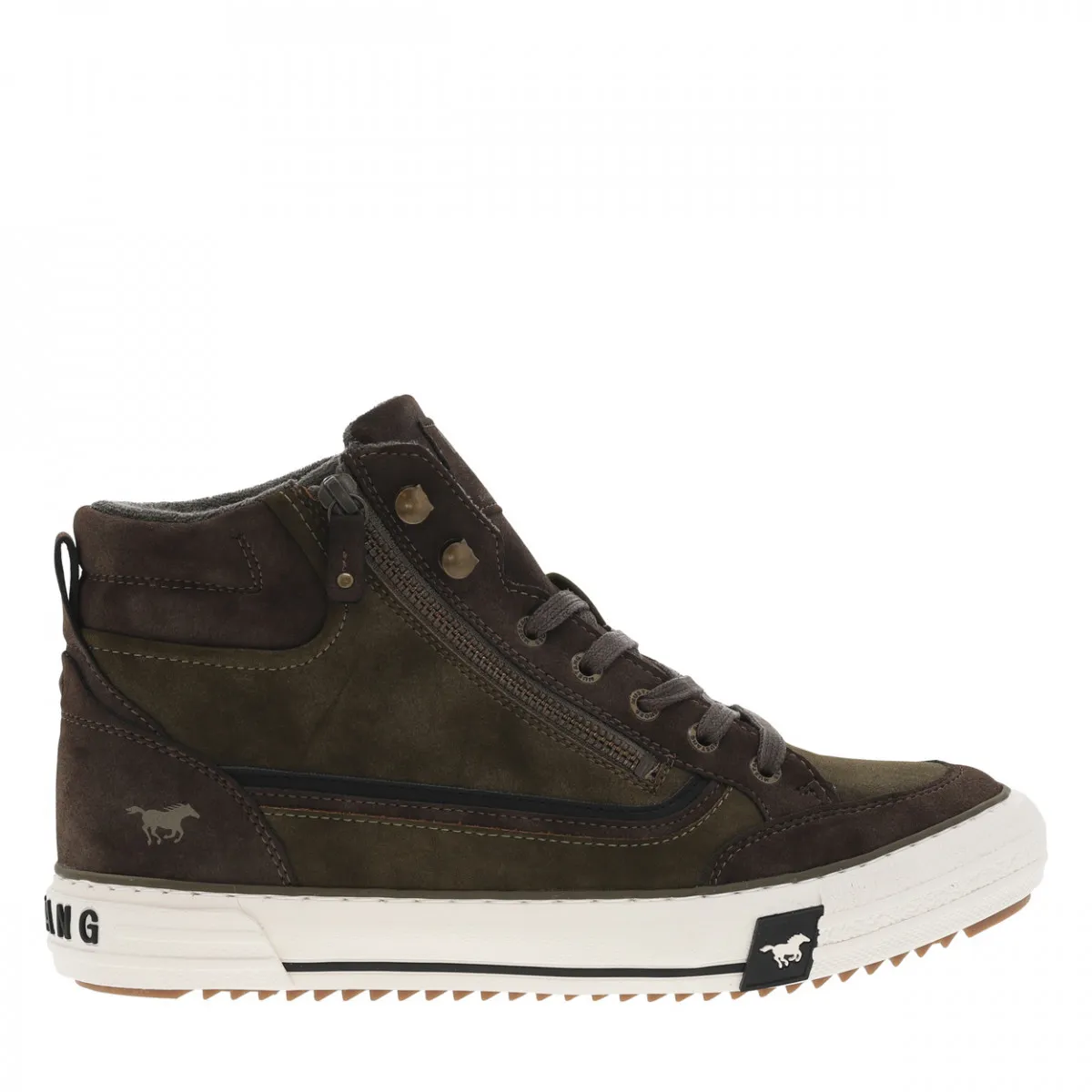 Baskets montantes simili nubuck kaki à patchs cuir lisse, lacets enduis et semelle vuclanisée