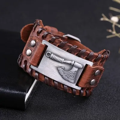 Bracelets pour hommes en cuir et en argent motif hache Viking