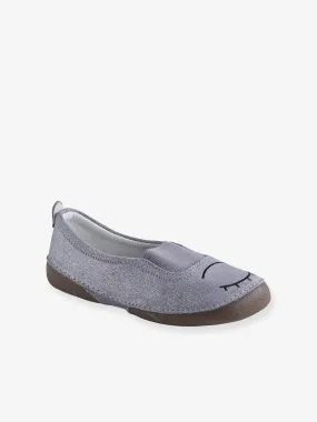 Chaussons élastiqués fille en cuir gris clair - Vertbaudet