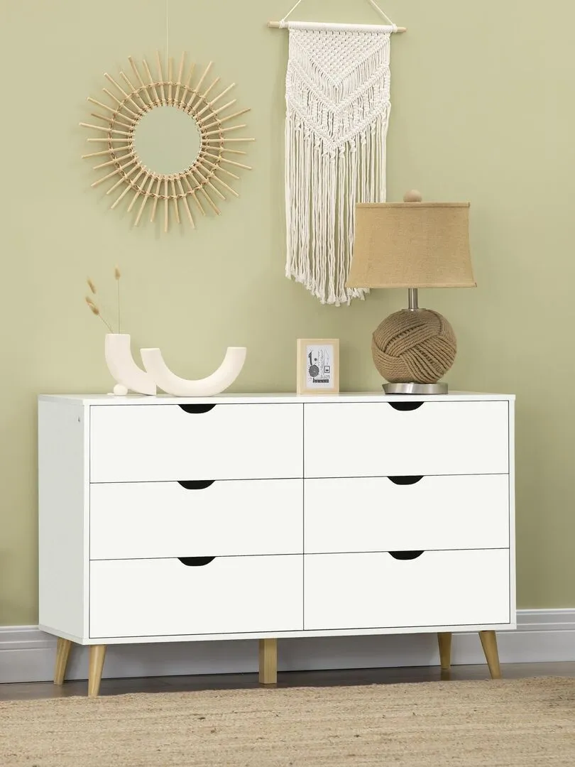 Commode 6 tiroirs design scandinave bois pin panneaux blanc - Blanc