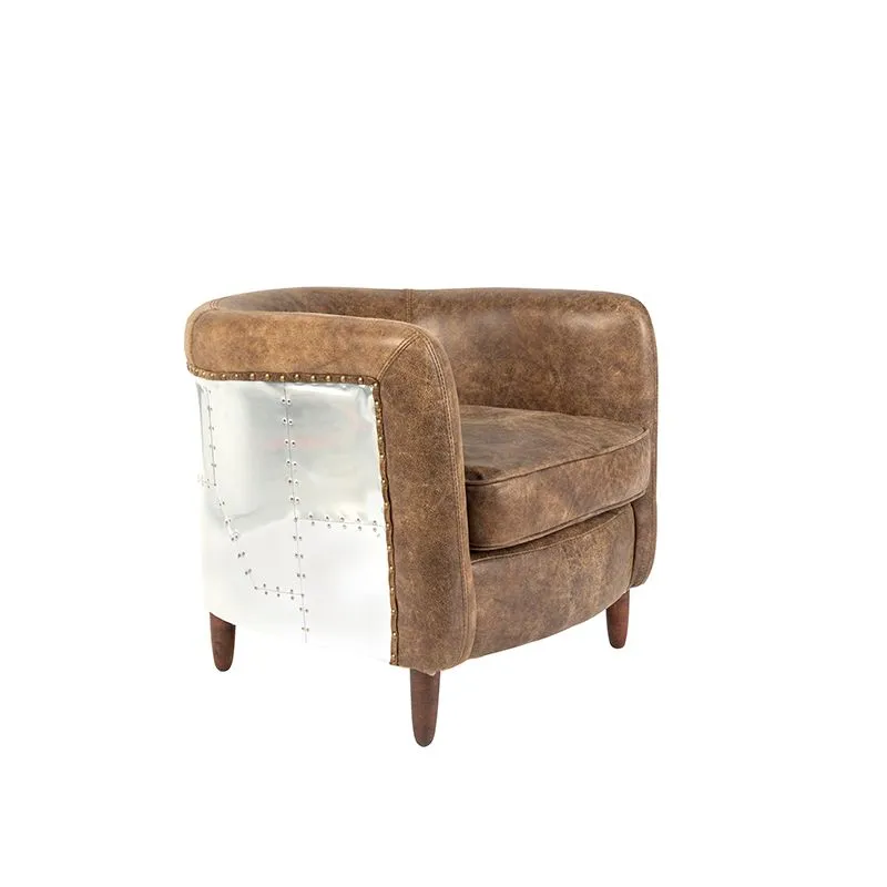 Fauteuil vintage en cuir brun cigare altéré avec finition aluminium - Ken