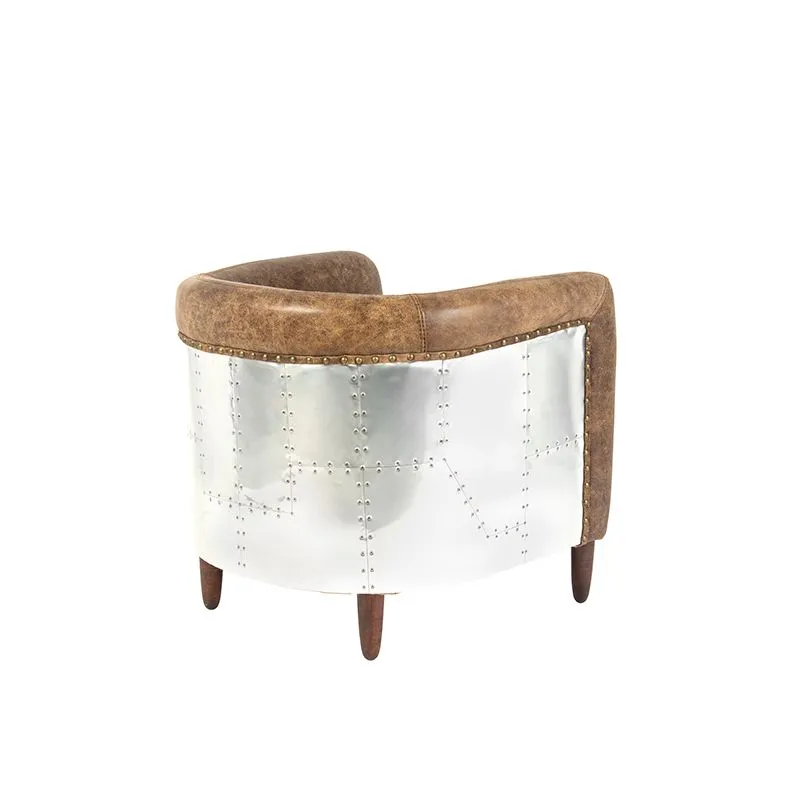 Fauteuil vintage en cuir brun cigare altéré avec finition aluminium - Ken