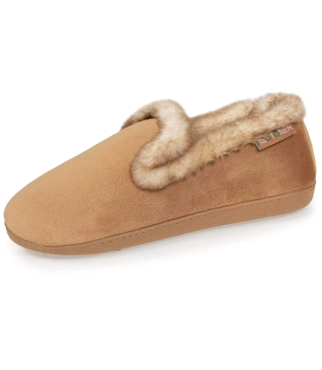 Isotoner Chaussons Charentaises femme en velours ultra doux, bordure en imitation fourrure,  semelle ultra confort