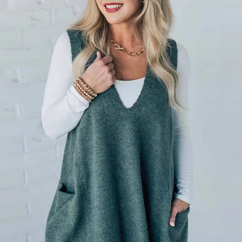 lise | Gilet ample sans manches avec poches et col en V pour femme
