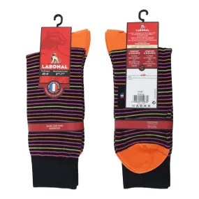 Mi-Chaussettes Fil d'écosse, fines rayures colorées noir/orange - L...