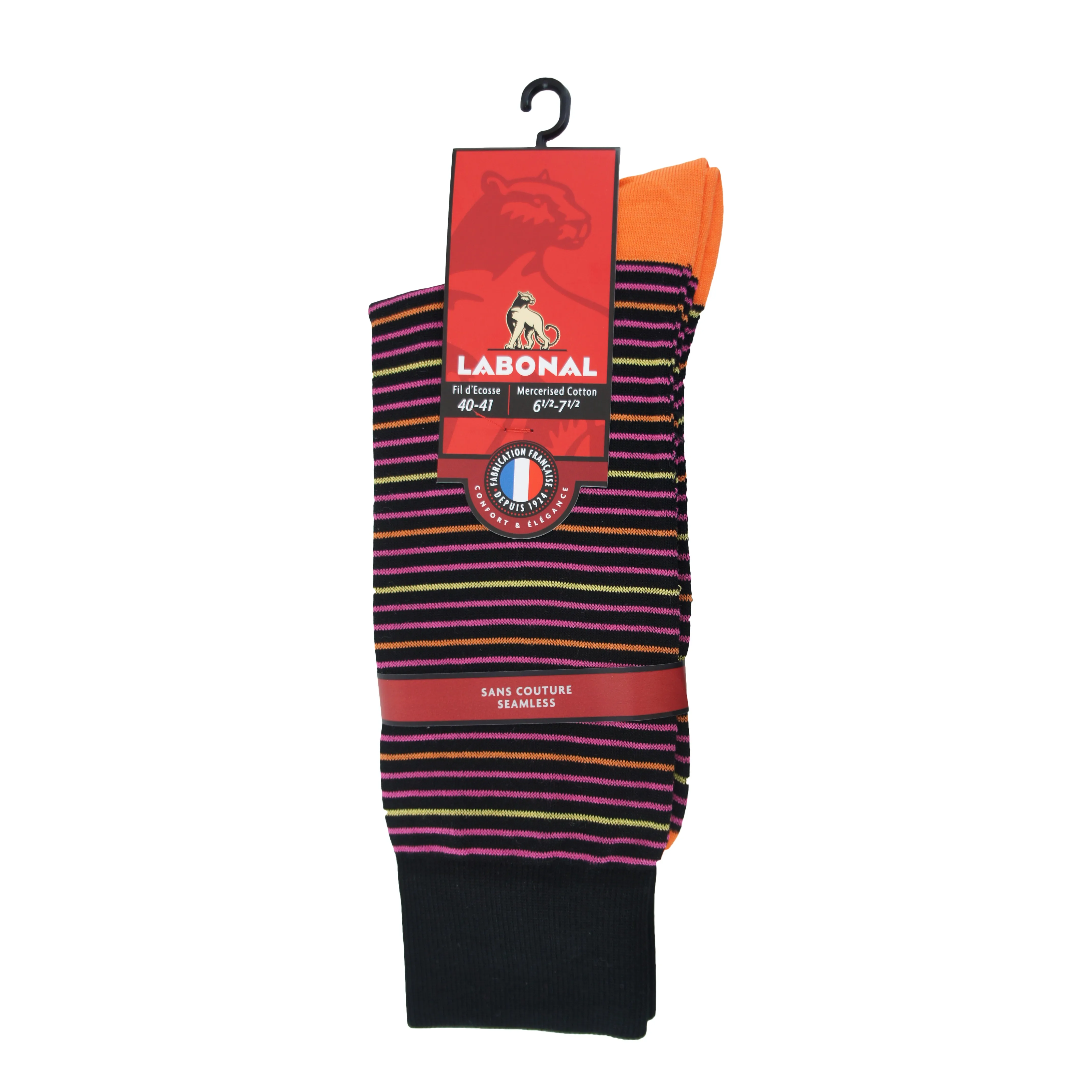 Mi-Chaussettes Fil d'écosse, fines rayures colorées noir/orange - L...