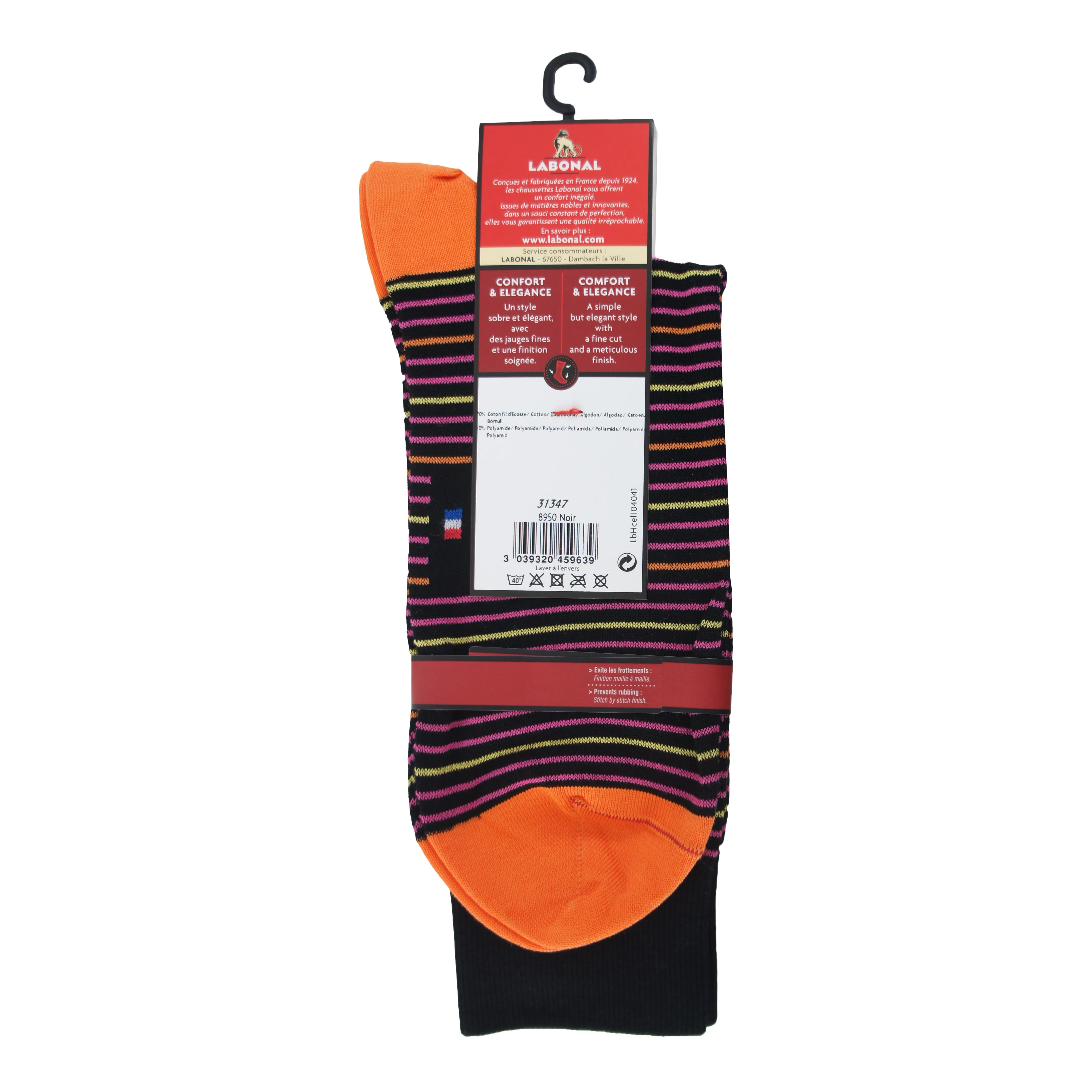 Mi-Chaussettes Fil d'écosse, fines rayures colorées noir/orange - L...