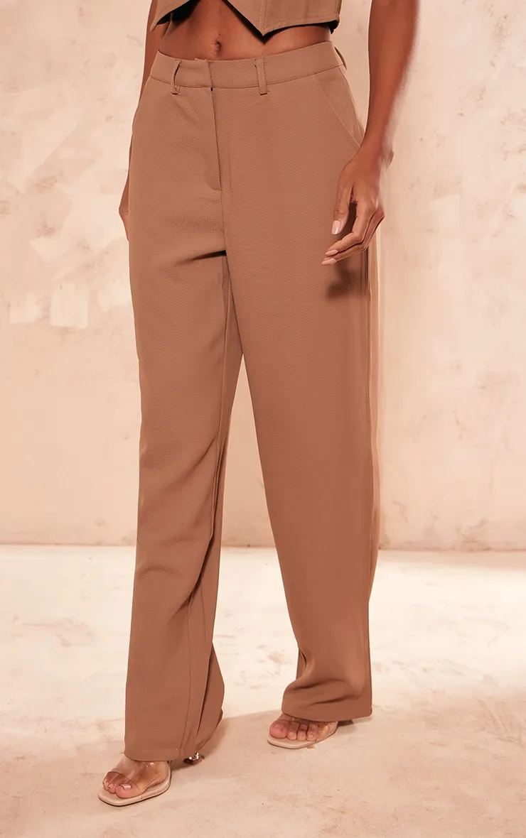 Pantalon de tailleur droit taupe deluxe texturé à détail coutures