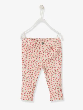 Pantalon slim bébé fille ceinture pressionnée rose à fleurs - Vertbaudet