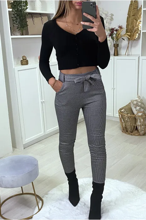 Pantalon slim à motif vichy gris molletonné à l'intérieur avec poches et ceinture