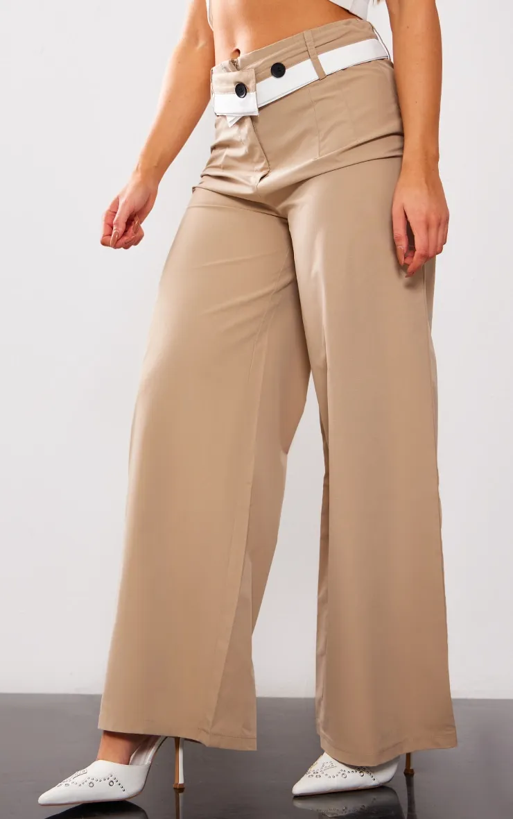 Petite Pantalon de tailleur large taupe contrastant à taille repliée