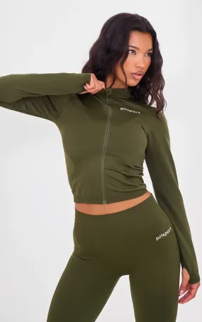 PLT Sport Veste de sport côtelée kaki sans coutures à détail zip