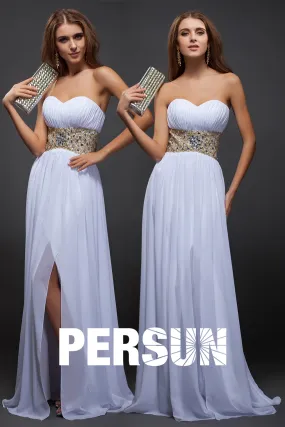 Robe blanche longue fendue bustier cœur à ceinture orné de bijoux - Robedesoireelongue.fr