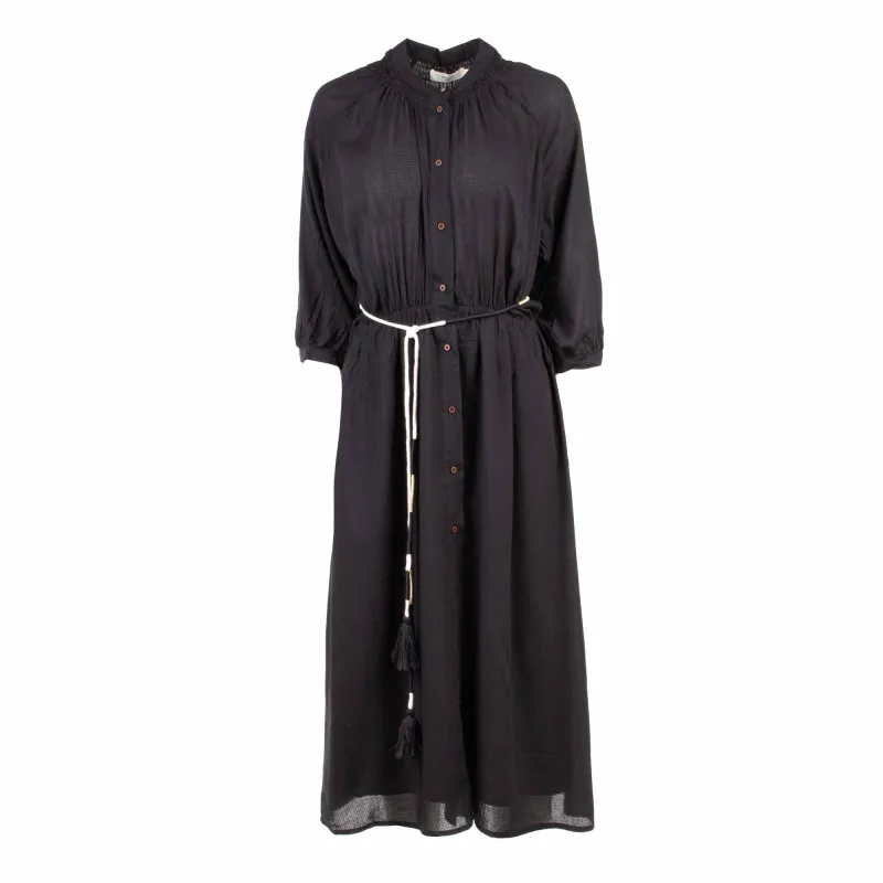 Robe col cheminée longue manches 7/8 avec lien de serrage noire Femme