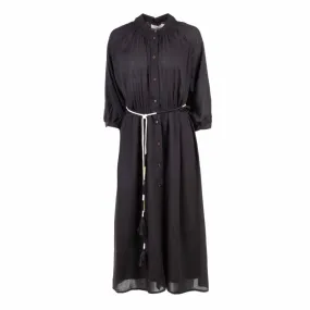 Robe col cheminée longue manches 7/8 avec lien de serrage noire Femme