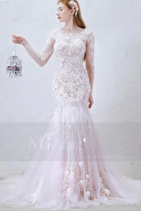 robe de mariee sirene manche longue lace majestueuse en dentelles et boules de neige