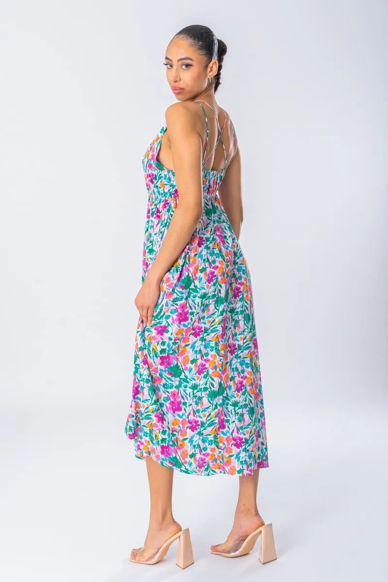 Robe longue motif fleurs col v à bretelles vert