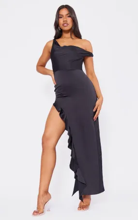 Robe longue satinée noire volantée à col bardot