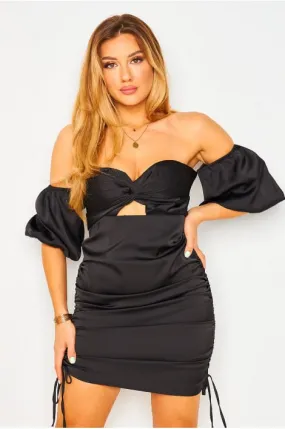 Robe noire col bardot à froncer