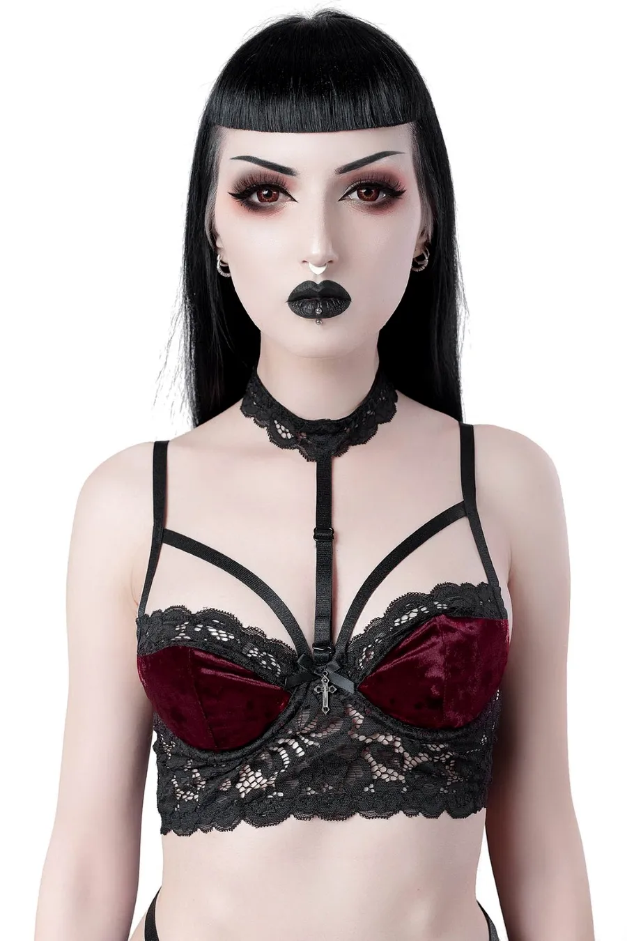 Soutien-gorge gothique KILLSTAR en dentelle noire et velours bordeaux