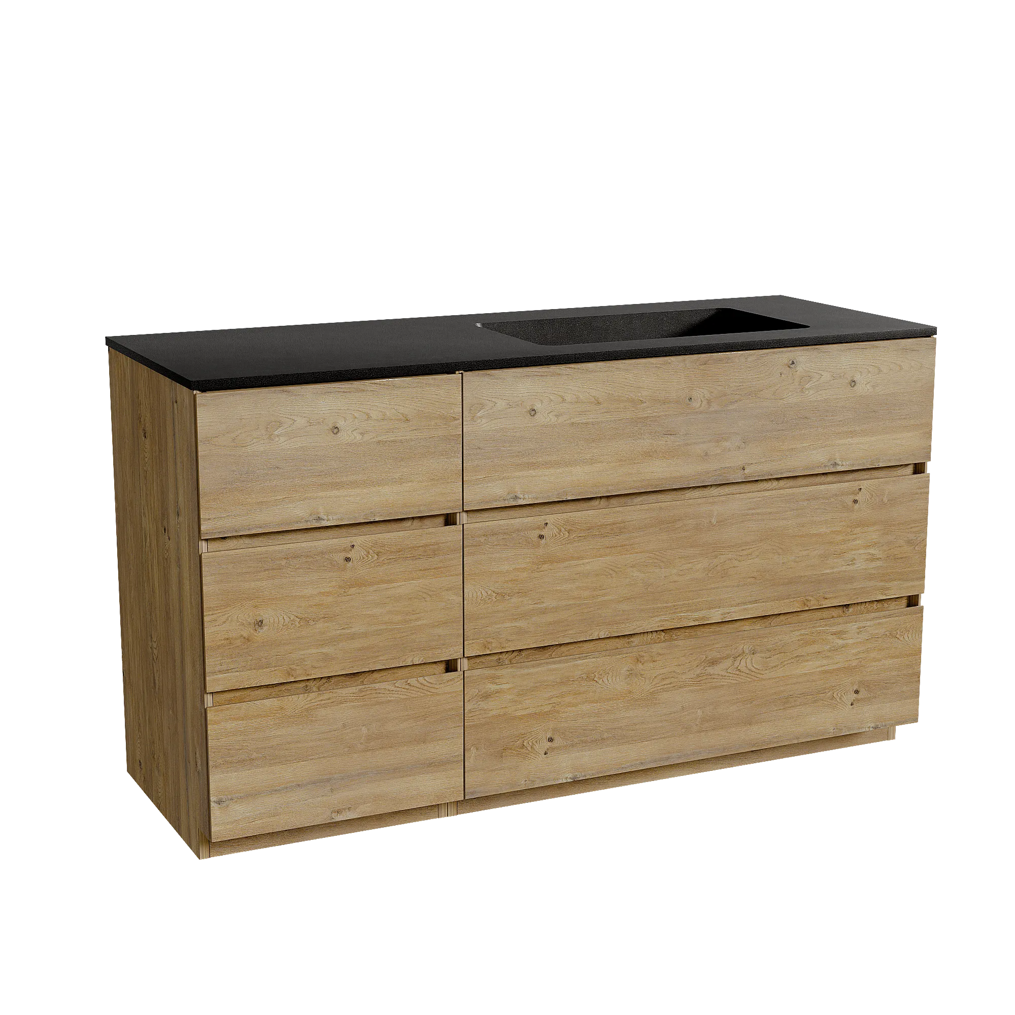 Storke Edge meuble salle de bains à poser 140 x 52 cm chêne brut avec Scuro plan vasque asymétrique à droite en quartz noir mat