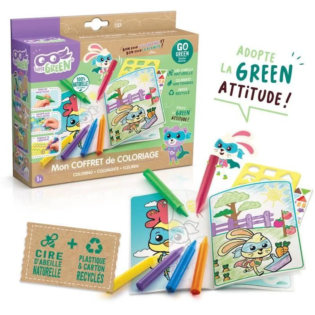 SUPER GREEN Kit de coloriage, crayons bio vert - Canal Toys