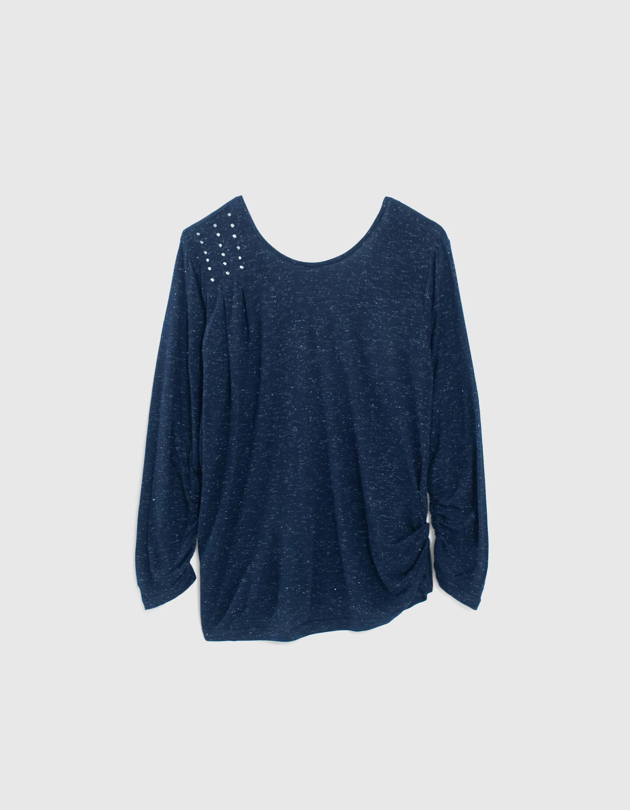 Tee-shirt marine pailleté avec strass sur drapé Femme