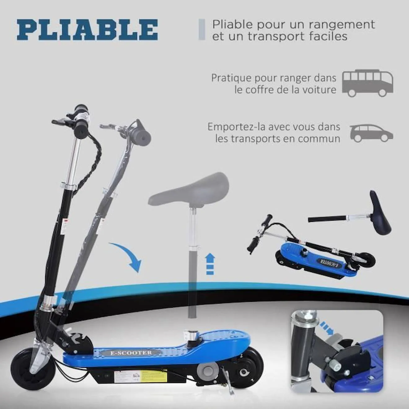 Trottinette électrique pliable pour enfants - HOMCOM - 120 W - Hauteur réglable - 2 roues - Bleu et noir blanc - Homcom